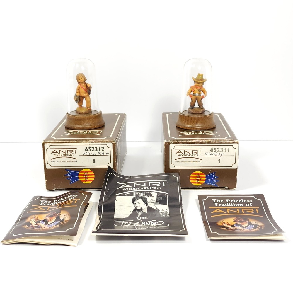 Lot of 2 VTG  Anri Ferrandiz Mini‎ Wood Carvings Cowboy & Tracker w /Glass Domes